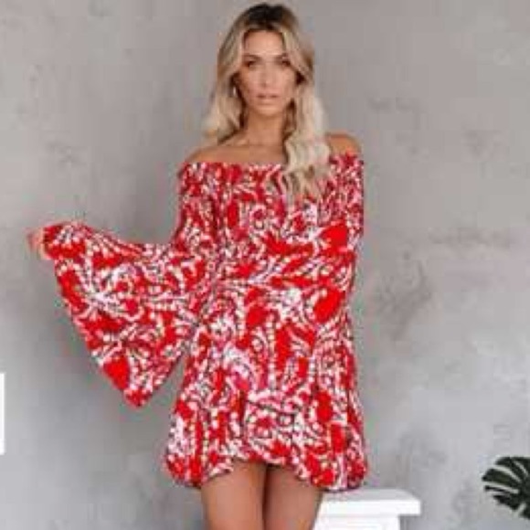 Vici Dresses & Skirts - Vici Red and White Off-the-Shoulder Mini Sundress